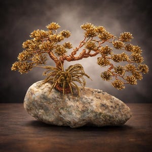Luxury Handcrafted Copper Bonsai Sculpture – Natural Mineral Stone Base. Unique Art Decor