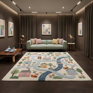 Kids Road Map, Pastel Houses Animals, Hand Tufted Wool Rug, Playroom Nursery Decor