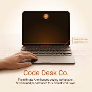 Puede incluir: Una tableta gris oscuro con teclado y panel táctil integrados, que muestra un icono de cerebro naranja brillante en la pantalla. El texto en la pantalla dice Predictive Coding. Debajo del dispositivo, el texto dice Code Desk Co. y The ultimate AI-enhanced coding workstation. Streamlined performance for efficient workflows.