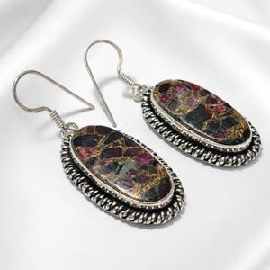 Handmade Silver Plated Ruby Gemstone Copper Earrings for Women | Natural Stone Gift for Her | 2 Inch Dangle Earrings