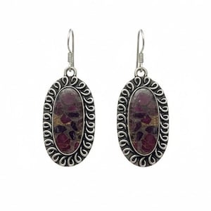 Natural Copper Ruby Gemstone Handmade Silver Plated Earrings for Women | 2.25 Inch Drop | Artisan Gift