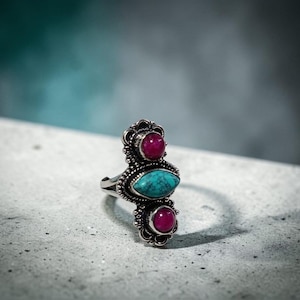 Elegant Turquoise and Ruby Ring in Silver Plating – US Size 5.75