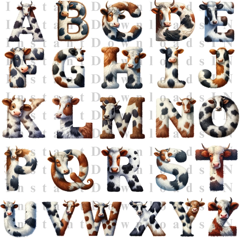 Cow Alphabet Numbers PNG Set | Farm Nursery Decor (digital Download) - Etsy