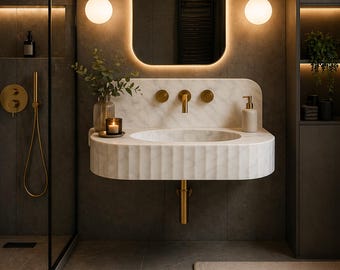 Lavabo de mármol Carrara ranurado, lavabo mural para baño, tocador de baño de lujo a medida.