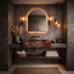 May include: A modern bathroom with a dark marble wall and a red marble sink. The sink has gold fixtures and is set on a dark wood shelf. A large arched mirror with a warm light frame hangs above the sink. A woven basket with towels sits on the shelf.