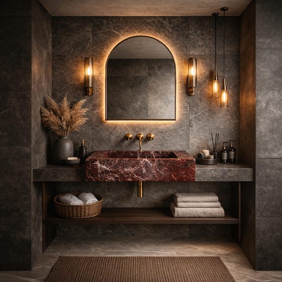 Rosso Levanto Marble Sink, Burgundy Marble Vessel Sink, Wall Mounted Stone Sink, Luxury Bathroom Basin, Handmade Natural Stone Sink