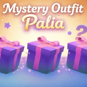 Può includere: Immagine di tre scatole regalo viola con nastri e fiocchi rosa. Il testo "Mystery Outfit Palia" è visibile, insieme a punti interrogativi e stelle. Il design suggerisce un regalo a sorpresa.