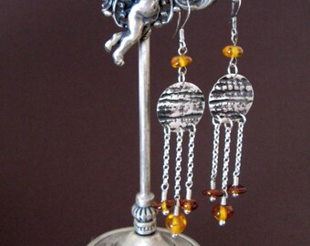 Dainty Long Chandelier Sterling Silver Oxidized Hand-Forged Earrings with Amber, Gift for Her, OOAK, under 100 USD