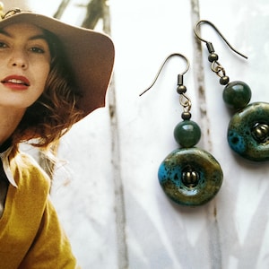 Forest Green and Turquoise Porcelain and Jade Rustic Dangle Earrings, Gift For Her under 50