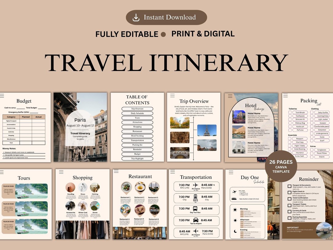 Editable Travel Itinerary Template | Canva Vacation Planner (digital ...