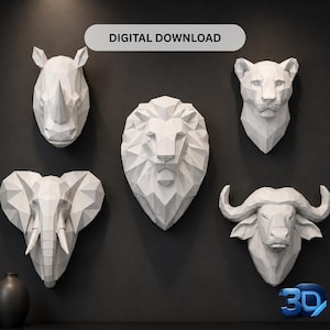 May include: Five white geometric animal head wall sculptures featuring a rhinoceros, a lion, a leopard, an elephant, and a buffalo. The text DIGITAL DOWNLOAD is displayed at the top, and a 3D logo is visible in the bottom right corner.