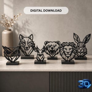 6 Animal Wall Art STL Bundle + Stands | Wolf Bear Lion Deer Owl Eagle | 3D Print Files | Modern Minimal Decor | Digital Download