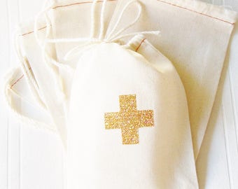 Hangover Kit, 4 x 6 inch drawstring gift bag,gold glitter first aid cross, bachelorette survival kit wedding birthday nurse cotton bag