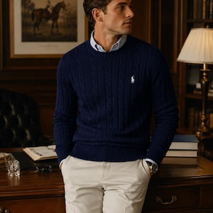 Peut inclure: Un pull bleu marine en maille torsadée avec un logo blanc brodé, porté avec une chemise à col bleu clair et un pantalon beige. Le pull présente un motif classique. Une montre complète l'ensemble.