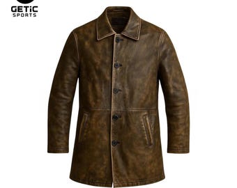 Distressed Lambskin Leather Trench Coat: Vintage Hunter Style Duster Overcoat Gift For Him