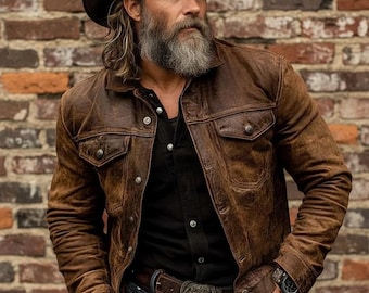 Men’s Handmade Vintage Distressed Brown Lambskin Leather Jacket Western Cowboy Style Coat