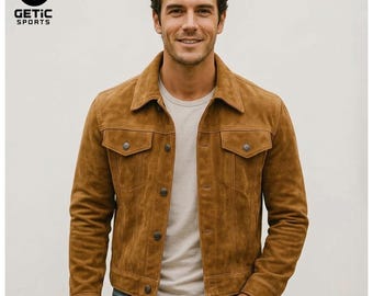 Men's Genuine Suede Trucker Jacket, Classic Brown Vintage Moto Style Coat
