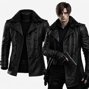 May include: A black leather jacket featuring a faux fur collar. The double-breasted design includes multiple buttons and a belt. The image displays the jacket on a mannequin and a person wearing it, holding a handgun.