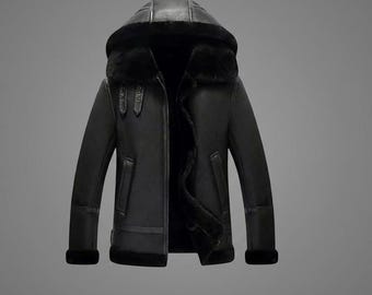 Giacca da aviatore B3 in pelle di pecora nera da uomo con cappuccio in pelliccia di montone