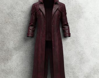Men’s Full-Length Genuine Burgundy Leather Coat DMC Dante Trench, Limited Edition Gift For Him