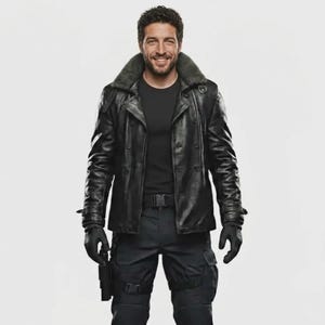May include: A black leather jacket with a fur collar, worn over a black shirt and black pants. The jacket has a double-breasted design and is paired with black gloves. A black holster is visible on the left leg.
