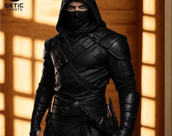 Men's Black Leather Assassin Costume Hooded: Genuine Cowhide Medieval Warrior Armor