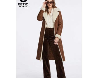 Handmade Shearling Suede Long Coat – Vintage Brown Women's Winter Jacket