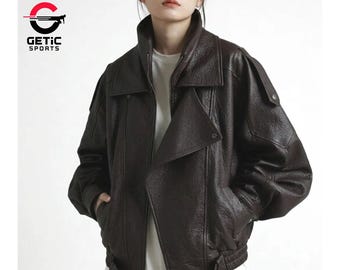 Women's Genuine Leather Oversized Bomber Jacket, Y2K Biker Style Coat Gift For Her