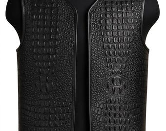 Genuine Leather Crocodile Embossed Vest: Biker Western Style Gilet for Him