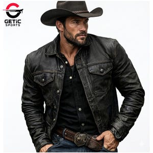 Può includere: Un uomo con una giacca di pelle nera con due tasche sul petto, una camicia nera e un cappello da cowboy marrone. Indossa anche una cintura marrone con una fibbia decorativa e un orologio. Il logo "GETIC SPORTS" è visibile.