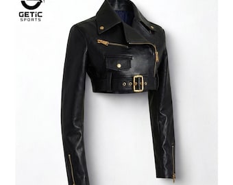 Women's Cropped Black Leather Motorcycle Jacket, Gold Zipper Detail Gift For Him