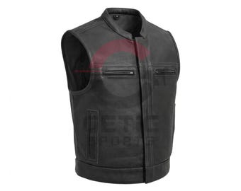 Men's Cowhide Leather Motorcycle Vest: Biker Club Style, Conceal Carry Gift For Him