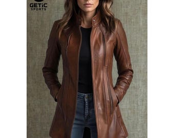 Women's Genuine Leather Trench Coat: Vintage Brown Distressed Blazer Gift For Her