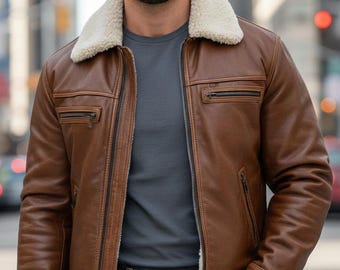 Handmade Brown Leather Aviator Jacket: Men's Shearling Collar Bomber Coat