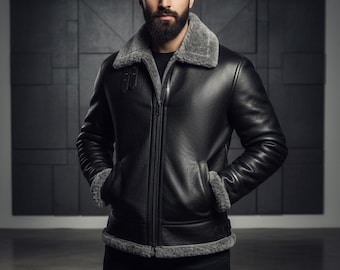Handmade Black Sheep Leather Aviator Jacket, Fur Lined Winter Coat