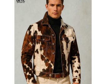 Men's Hair-On Cowhide Western Jacket, Real Cow Print Leather Coat