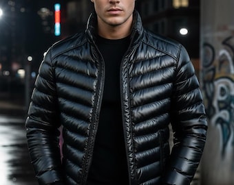 Men’s Black Glossy Puffer Jacket – Lightweight Winter Coat, Modern Streetwear, Warm Quilted Outerwear