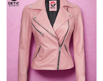 Women Pink Leather Biker Jacket: Women's Genuine Moto Coat, Slim Fit Gift For Her