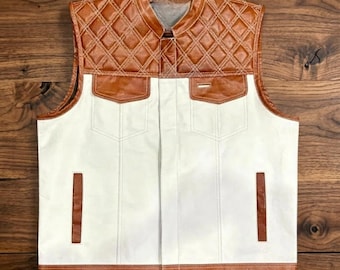 White Brown Leather Diamond Quilted Biker Vest Men Motorcycle Rider Gear
