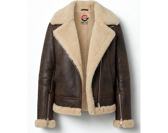 Women's Genuine Shearling Leather Aviator Jacket: Vintage Brown Bomber Style