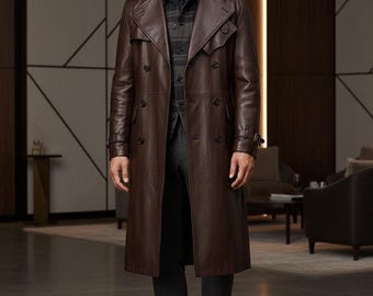 Brown Leather Trench Coat: Long Winter Fashion Jacket