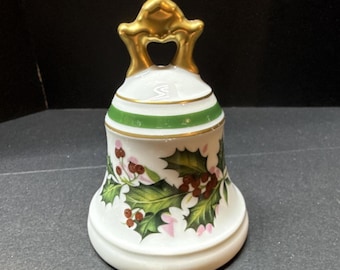 Bernardaud Limoges Hand Painted Porcelain Bell Christmas Holly Gold Handle