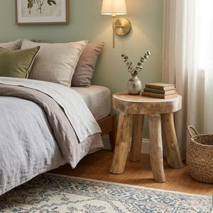 May include: A bedroom scene featuring a bed with neutral-toned bedding and pillows. A small, round wooden side table with three legs holds books and a vase with greenery. A woven basket sits nearby, and a rug is visible on the floor.