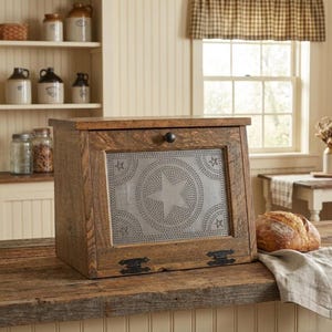 Rustic Farmhouse Wooden Bread Box – Large Countertop Kitchen Storage with Star Cutout Tin Accent