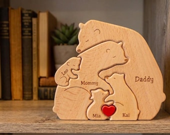 Personalized Bear Family Wooden Puzzle, Custom Name Keepsake, Rustic Home Decor