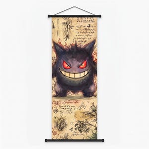 May include: A vertical wall hanging featuring a dark purple, round creature with pointed ears, glowing red eyes, and a wide, toothy grin. The background is a parchment-colored paper with intricate botanical sketches and handwritten script text.