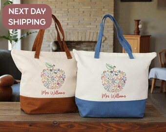 Personalized Teacher Apple Tote Bag With Custom Name, Canvas Tote Bag For Teachers And Classroom Supplies
