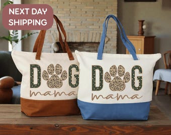 Dog Mama Tote Bag,  Dog Lover Tote Bag With Name, Cotton Tote Bag With Zipper Pocket For Women