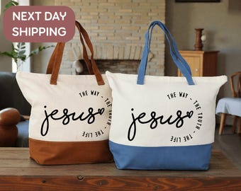 Custom Christian Tote Bag, Reusable Cotton Tote Bag With Zipper Pocket For Everyday Use