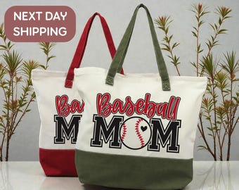 Sports Mom Tote Bag, Reusable Cotton Tote Bag With Zipper And Inner Pocket,  Baseball Mom  Tote Bag